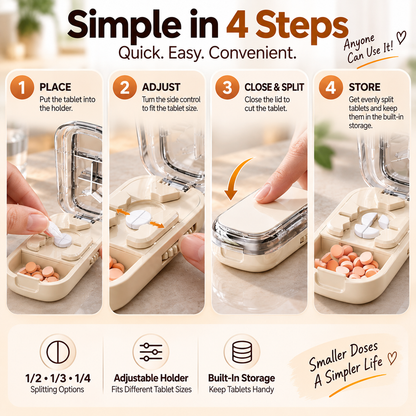 💊 3-Way Adjustable Pill Cutter & Organizer – Split Tablets into 1/2, 1/3 or 1/4