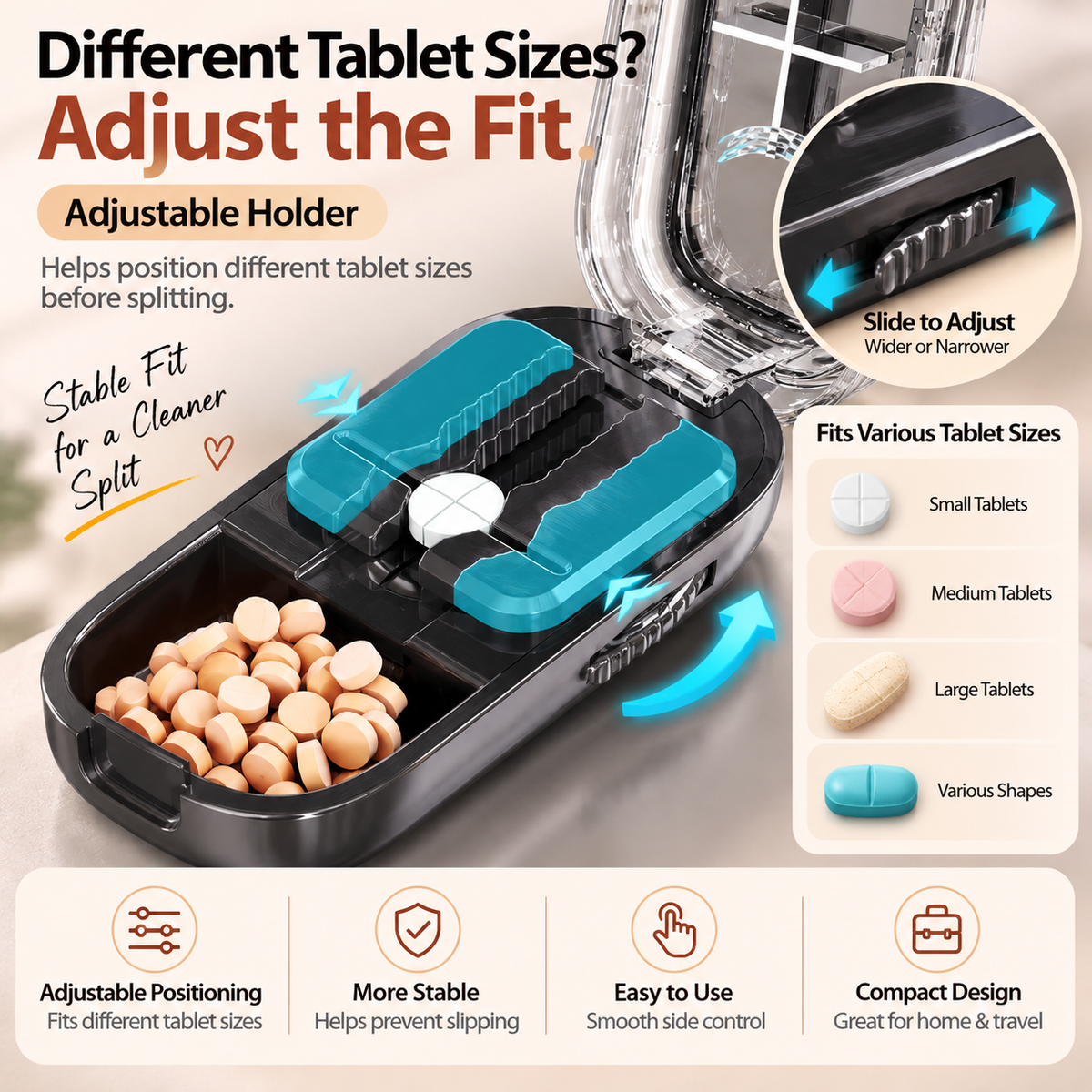 💊 3-Way Adjustable Pill Cutter & Organizer – Split Tablets into 1/2, 1/3 or 1/4